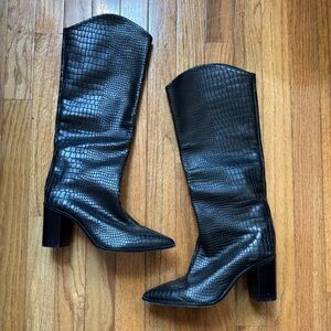 SCHUTZ Mariana Block Boots Black Croc-Embossed Leather Size 7